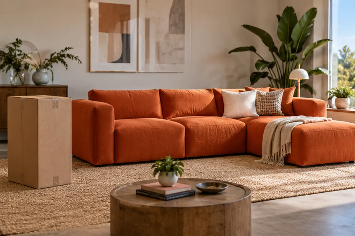 compact carton beside an orange sofa